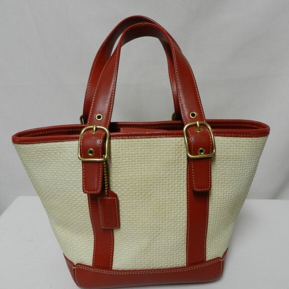 Coach Vintage 8909 Leather & Straw tote handbag purse Red & Cream front pocket - Picture 1 of 16